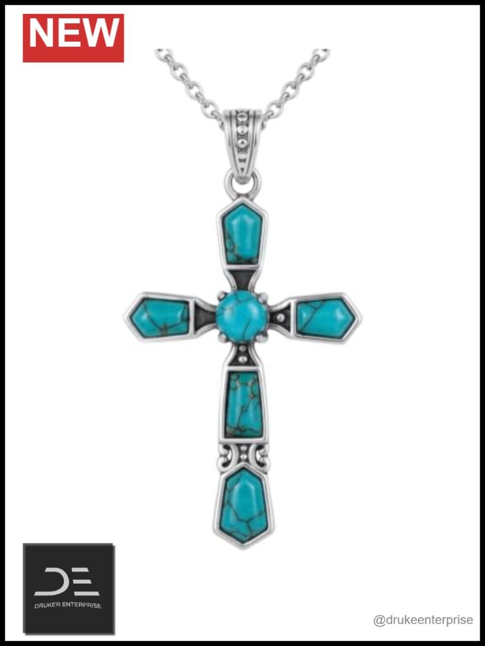 Genuine Turquoise 925 Sterling Silver Cross Pendant Necklace